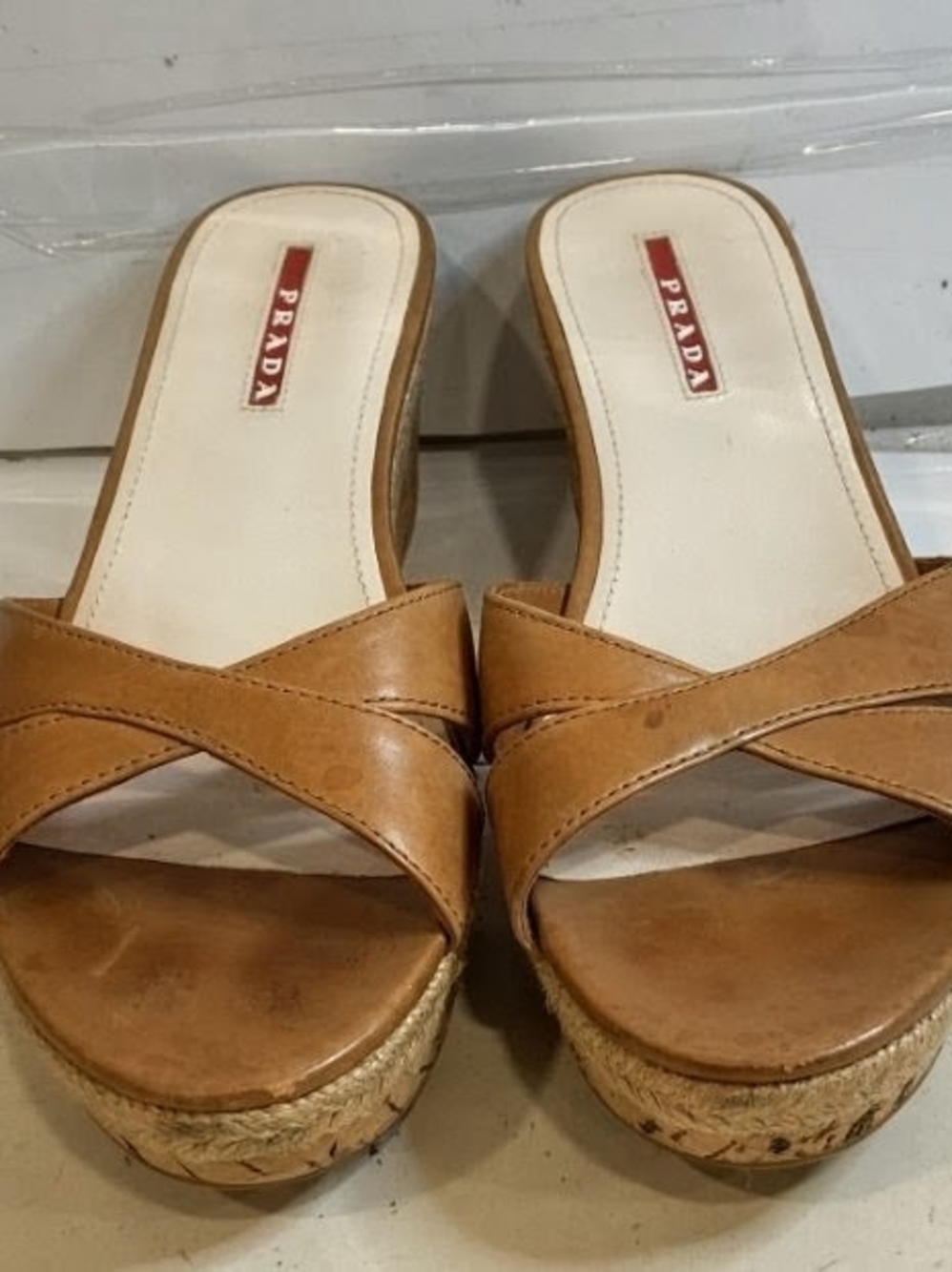 Prada Brown Leather Cross-Strap Wedge Sandals